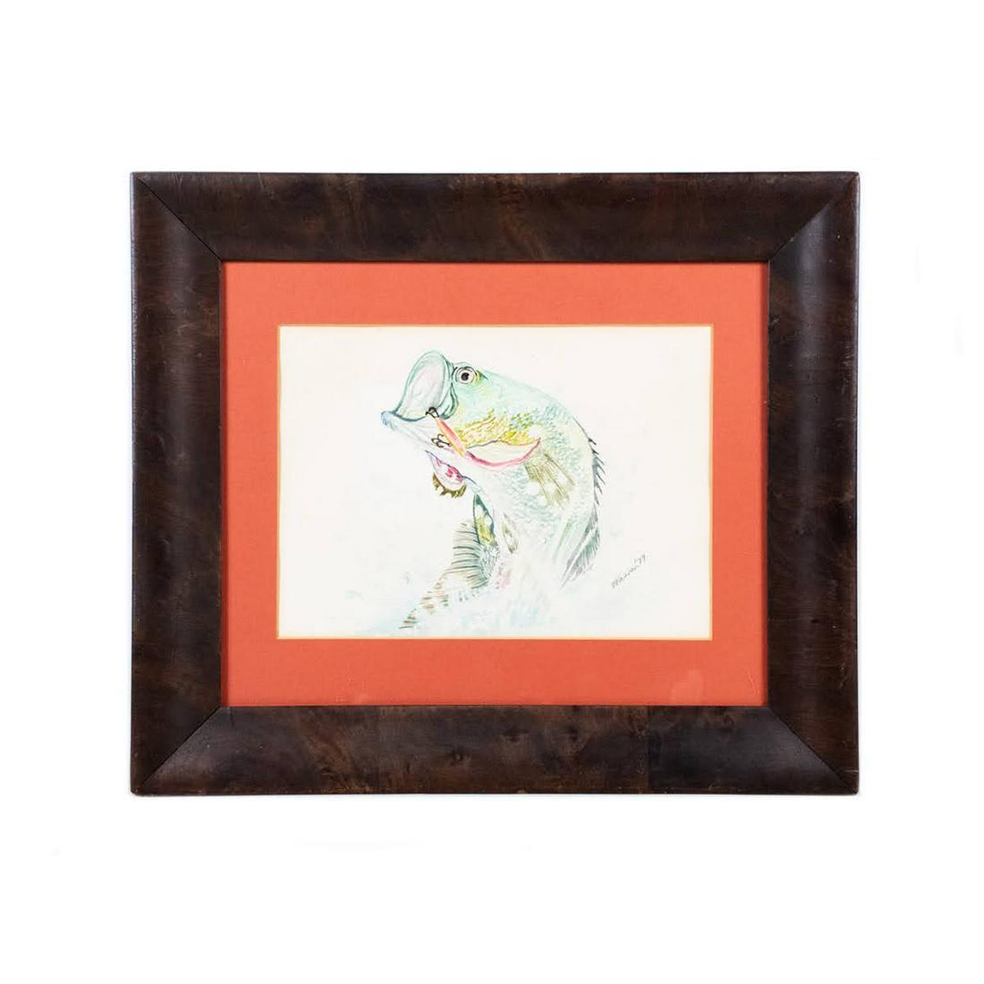Watercolor Largemouth Bass Painting Signed Warren: An original watercolor on paper painting of a rainbow tone largemouth bass with it's mouth catching a fishing lure. Presented in a wooden frame with pink tone matte. Signed Warren '79 in pencil in the