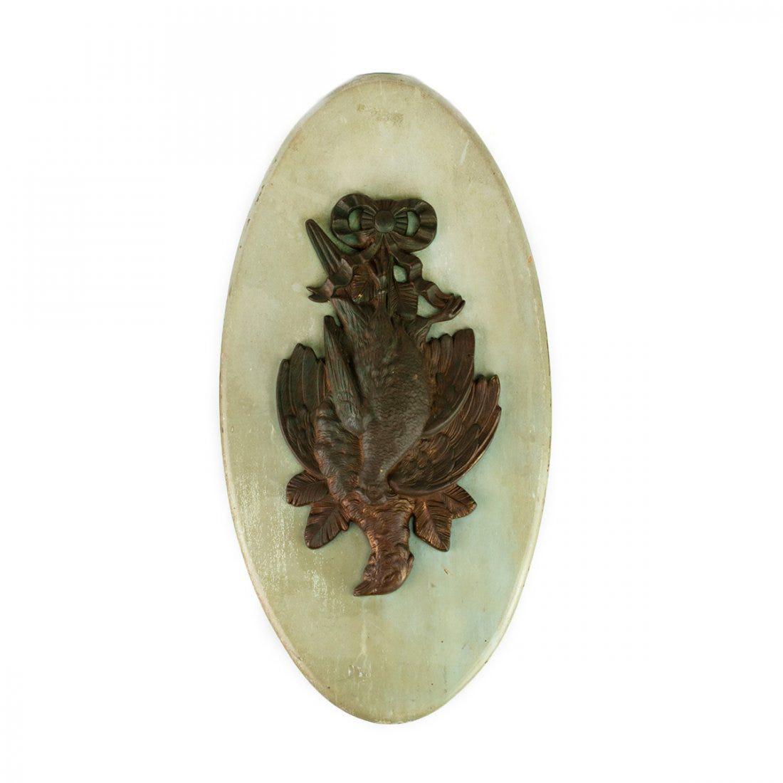 19th C Bronze Finished Cast Spelter Game Bird Plaque: A 19th century bronze finished cast spelter metal game bird pheasant or grouse hanging with a tied French style ribbon on a green painted wooden oval plaque with original iron hanger on back.