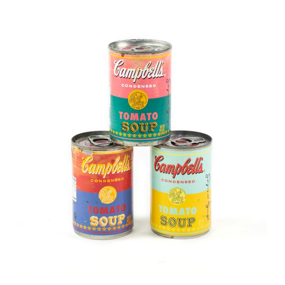 Group of 3 Limited Ed Andy Warhol Campbell's Soup Cans: A grouping of three limited edition Andy Warhol "50 Years The Art of Soup" Campbell's soup cans c. 2014. Each features a different color scheme. They are all sealed.