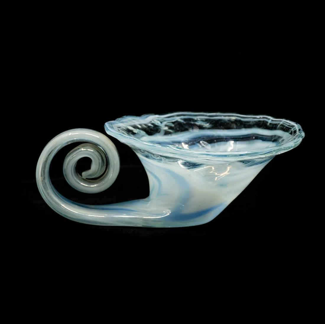 Art Glass Horn of Plenty Cornucopia Vase: A blue and opalescent art glass horn of plenty form cornucopia vase.