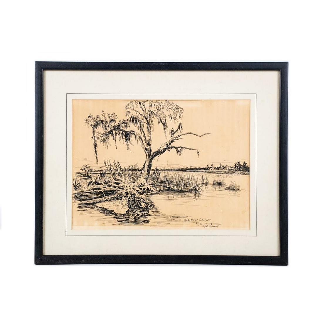 Clyde Grant Pen and Ink Eastern Mobile Bay Illustration: Clyde Grant (American, 1921-2015) pen and ink illustration on toned paper depicting a large, mossy tree in the water on the Eastern Shore of Mobile Bay, Weeks Bay at Fish River in May 1949. Presented 