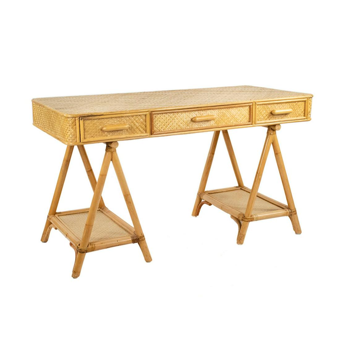 Modern Woven Bamboo and Teak Campaign Style Writing: A Modern basket weave bamboo campaign style writing desk having three drawers and two lower shelves with woven rattan top and faux bamboo legs. Unmarked.