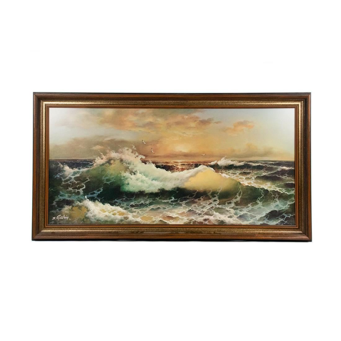 Eugene Garin Print on Board Seascape Facsimile Signed: Eugene Garin (Russia, 1922-1994) print on board seascape depicting a breaking ocean wave with seagulls. Presented in carved gilt frame and facsimile signed in lower left corner.