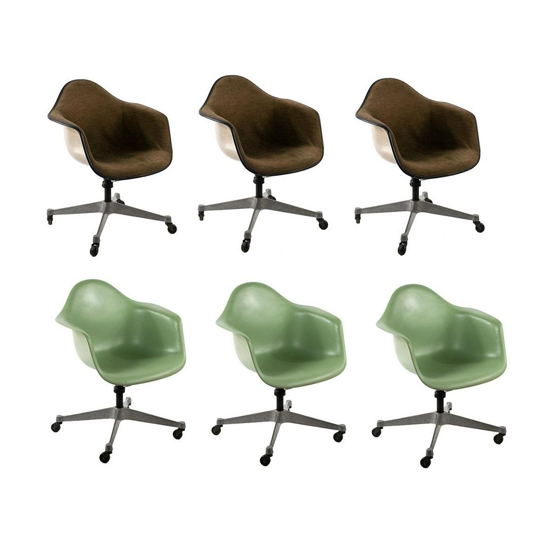 Set of 6 Charles Eames Task Arm Chairs by Herman Miller: A set of six Charles and Ray Eames task arm chairs for Herman Miller including three with green molded shells and no fabric overlay and three with light brown molded shells and brown upholstery. Resti