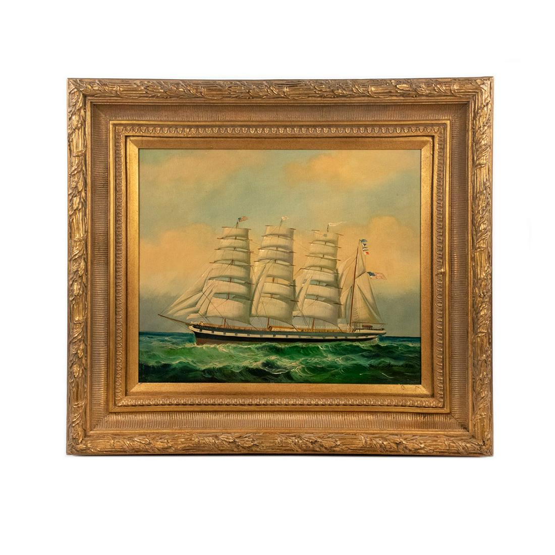 Matt Thomas Original O/C Sailing Ship Signed Painting: Matt Thomas (British, 1943-) original oil on canvas untitled painting depicting a multi-masted sailing ship on rough seas. Presented in a gilt carved frame and signed in paint in the lower right corne