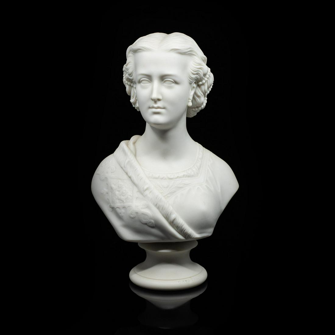 Antique Copeland Parian Bust After F.M. Miller: An antique parian bust by Copeland titled "Young Girl" after F.M. Miller. It is marked "Pub. Feb. 1 1863 Copeland Crystal Palace Art Union F.M. Miller Sculp." on the verso.