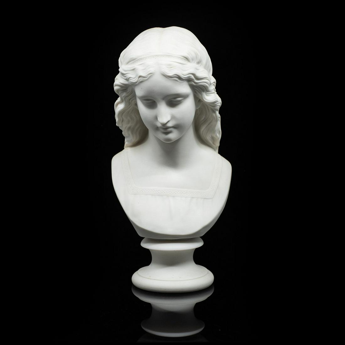 Antique Copeland Parian Bust "Una" After John Hancock: An antique parian bust by Copeland of Una from Edmund Spenser's poem "The Faerie Queene" after John Hancock. It is marked "John Hancock SC 1863 Copeland Copyright Reserved" on the verso.