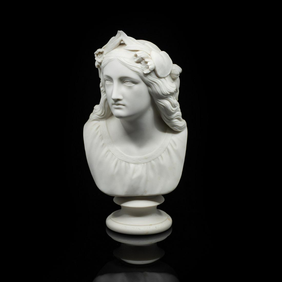 Antique Copeland Parian Bust After W.C. Marshall: An antique parian bust by Copeland of Oenone, first wife of Paris of Troy, after W.C. Marshall. It is marked "W.C. Marshall RA Sculptor Pub. Jan. 1 1860 by W.T. Copeland" on the verso.