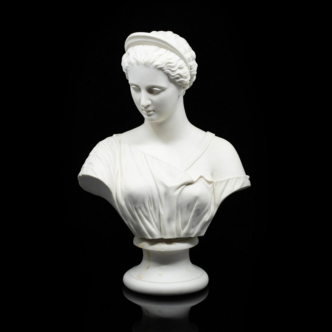 Antique R&L Parian Bust of Roman Goddess Diana: An antique parian bust by R&L of the Roman goddess Diana. It is marked "R&L" on the verso.