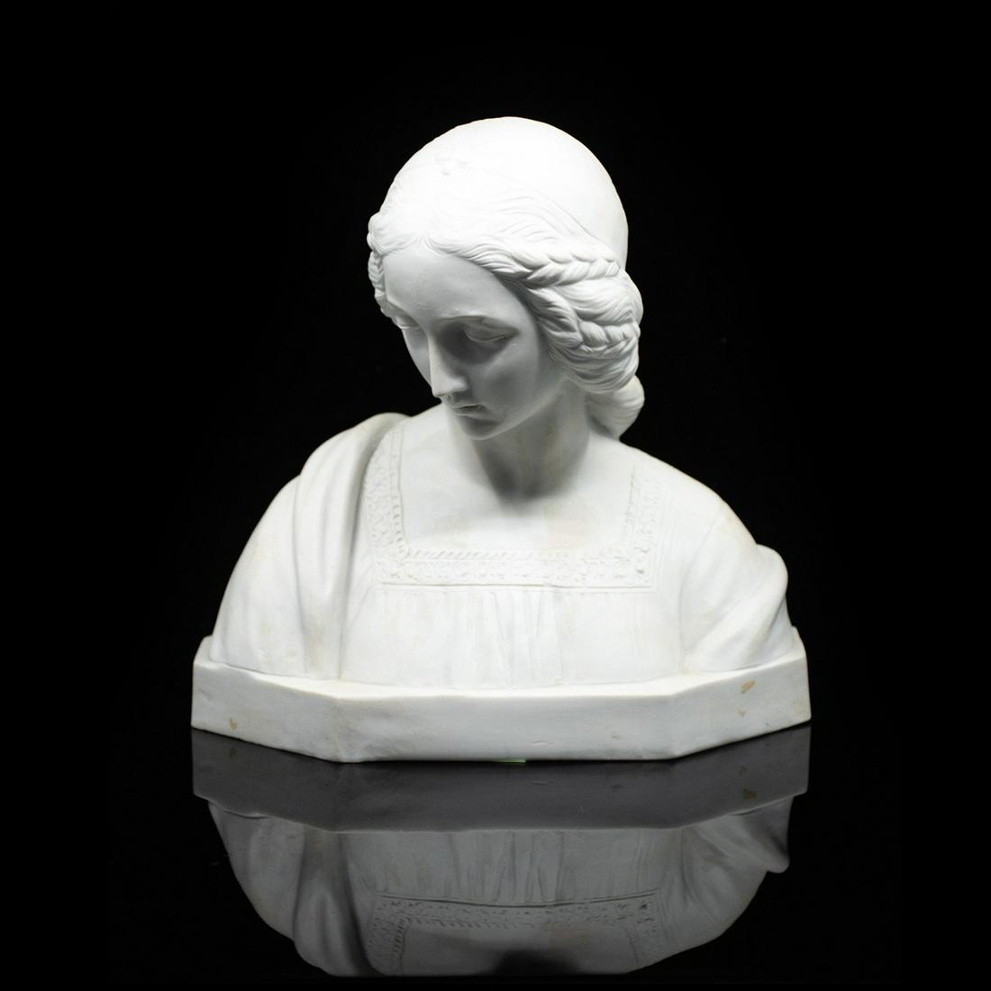 Antique Parian Bust of Virgin Mary After G. Gambogi: An antique parian bust of the Virgin Mary after Giuseppe Gambogi. It is marked "G. Gambogi" on the front and "Genuine Biscuit Made in France" on the interior.
