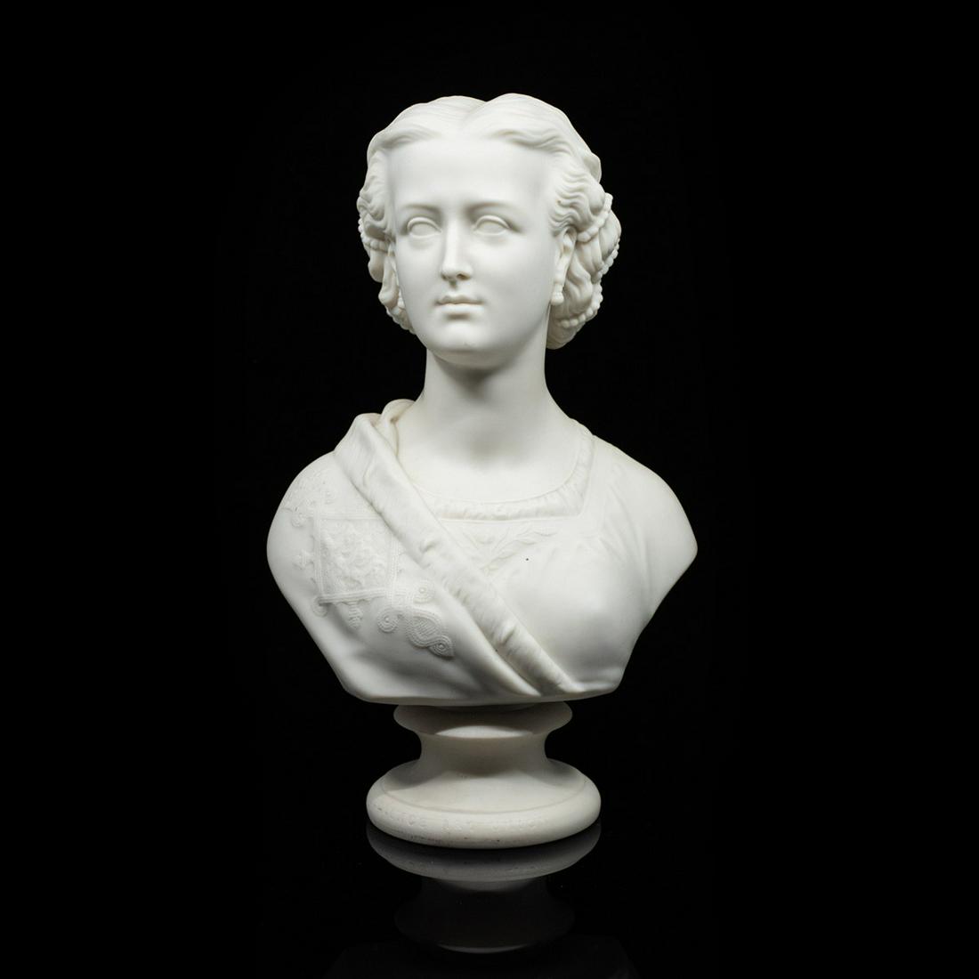 Antique Copeland Bust of Alexandra After Thornycroft: An antique parian bust by Copeland of Princess Alexandra of Denmark after Thornycroft. It is marked "Alexandra Princess of Denmark Pub. Feb. 1 1863 Crystal Palace Art Union Copeland F.M. Miller, SC" o