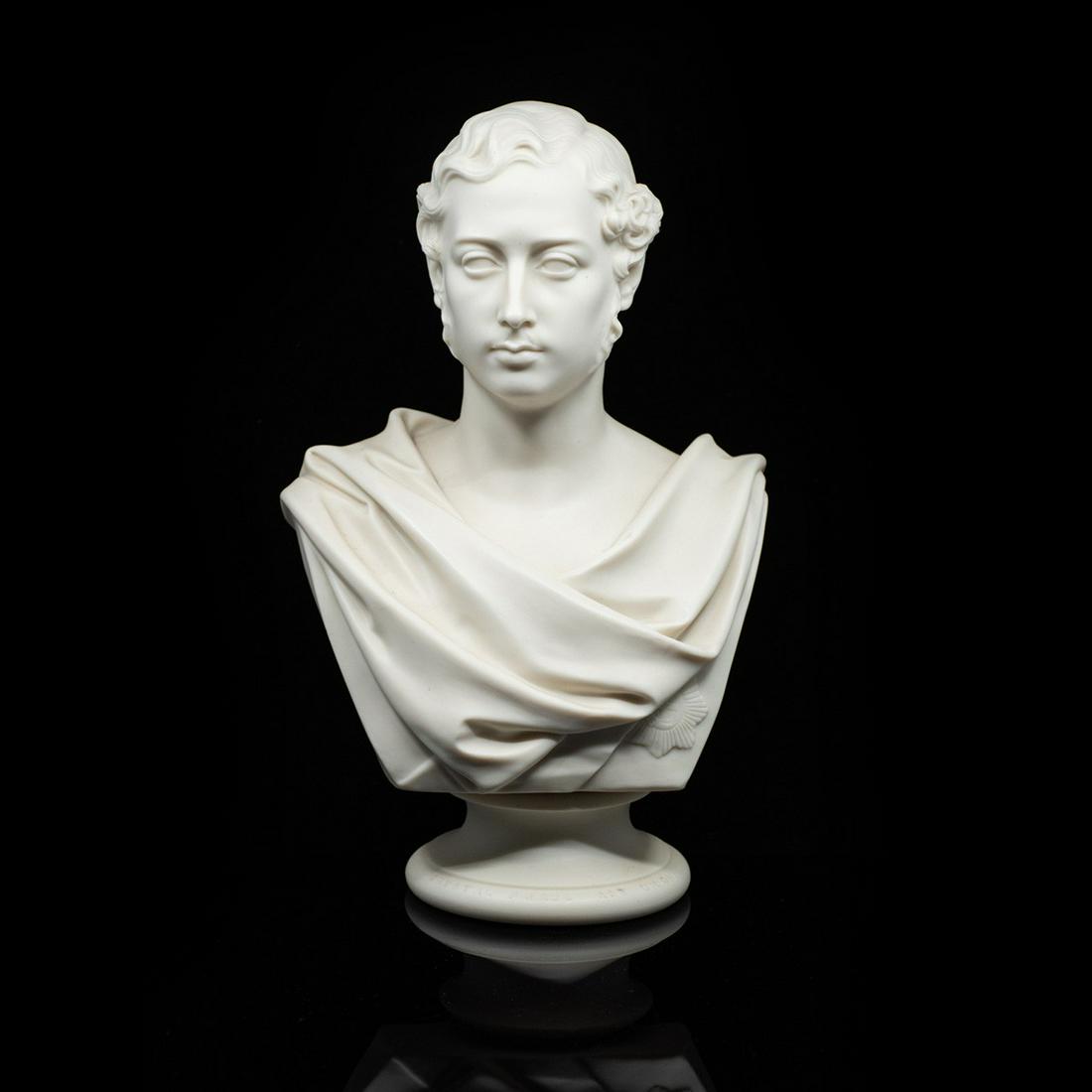Antique Copeland Parian Bust of Edward After M. Wood: An antique Copeland parian bust of Prince Edward of Denmark after Marshall Wood. It is marked "Marshall Wood Sculp. 1868 Copeland Crystal Palace Art Union" on the verso.