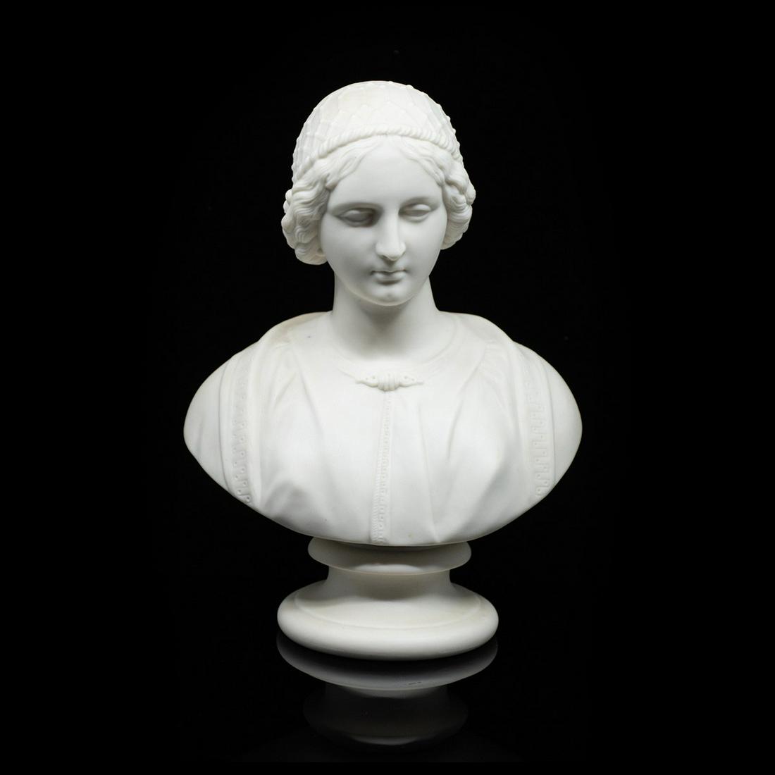 Antique Parian Bust of Renaissance Woman: An antique parian bust of a Renaissance woman by Bates, Brown, Westhead, and Moore c 1860. It is marked "T" on the underside.