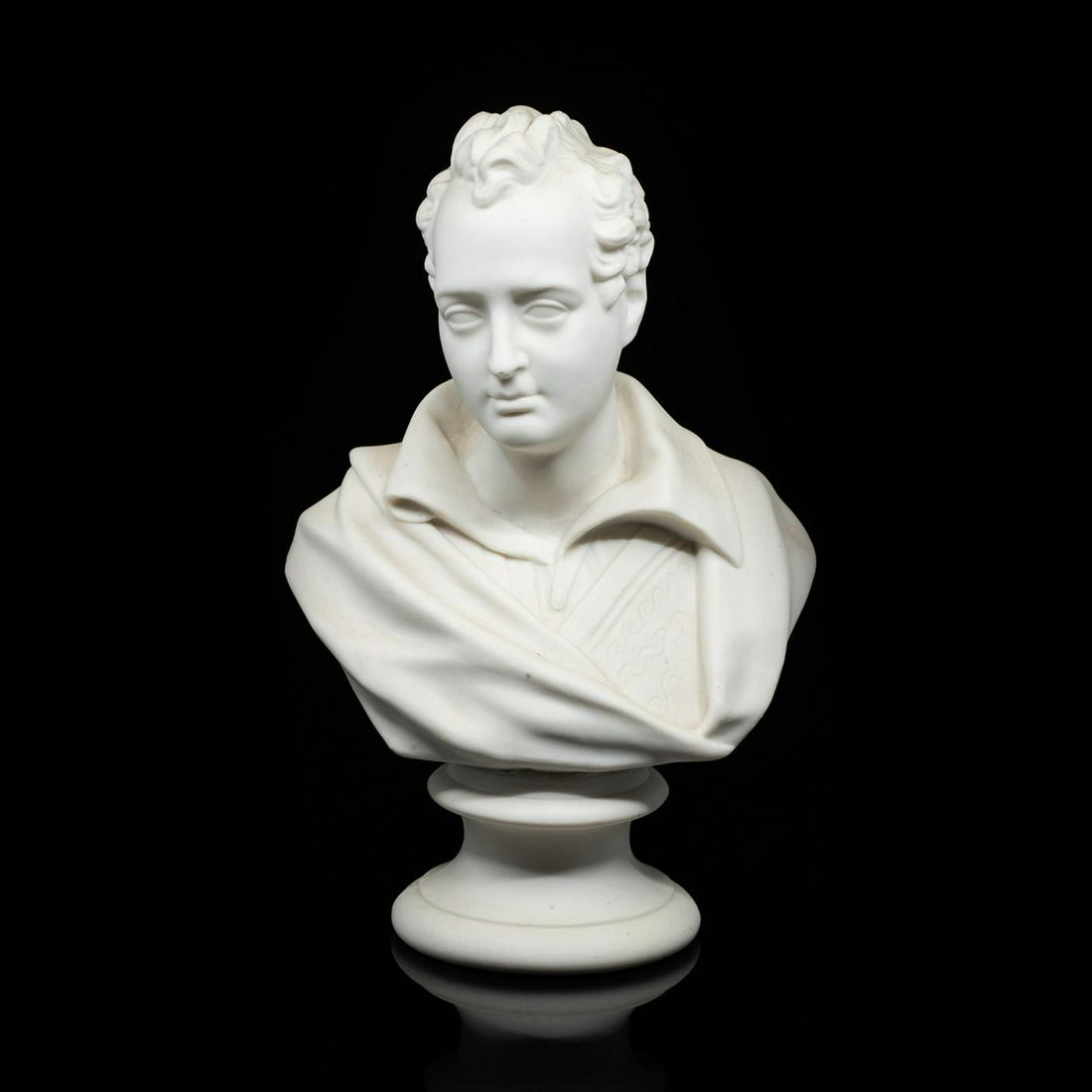 Antique J&T Parian Bust of Lord Byron: An antique James and Thomas Bevington parian bust of Lord Byron. It is marked "J&T B Byron 314" on the verso.