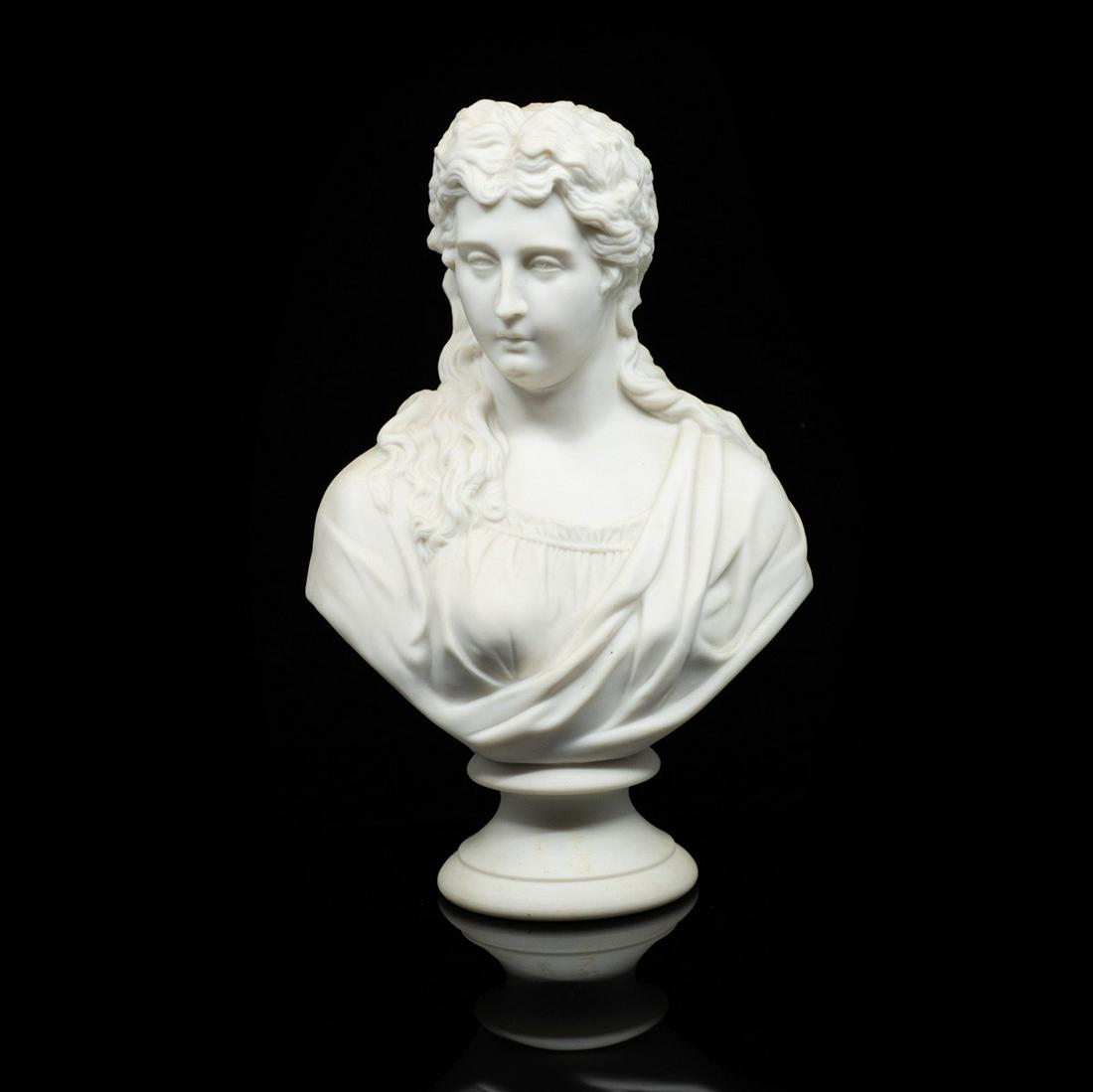 19th C. Parian Beatrice Portinari by J.&T. Bevington: An antique parian bust possibly depicting Beatrice Portinari by James and Thomas Bevington of a woman by James & Thomas Bevington of England 1860. It is marked "J&T B. 271" on the underside.