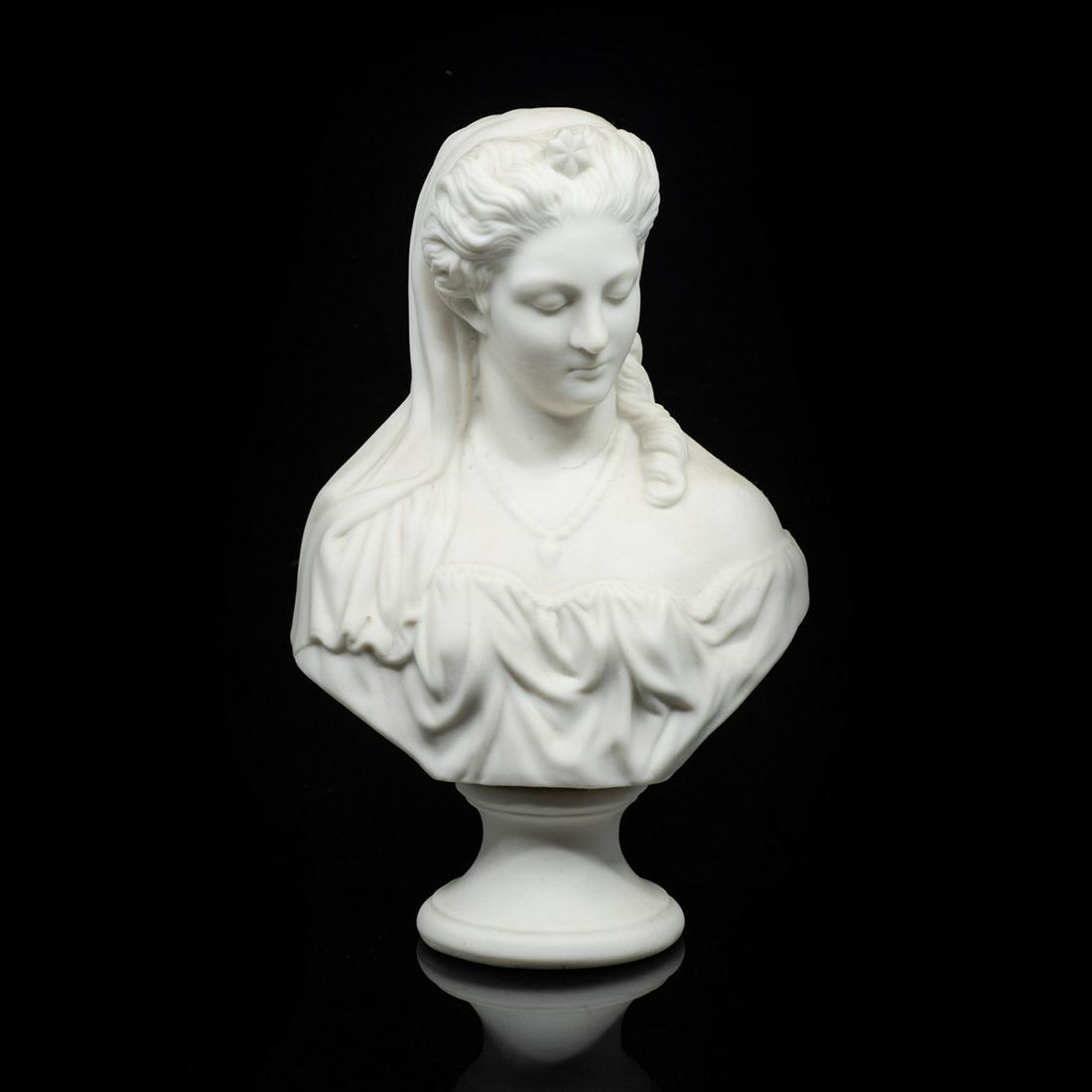 Antique J&T Parian Bust of Juliet: An antique James and Thomas Bevington parian bust of Shakespeare's Juliet. It is marked "RC" on the verso.