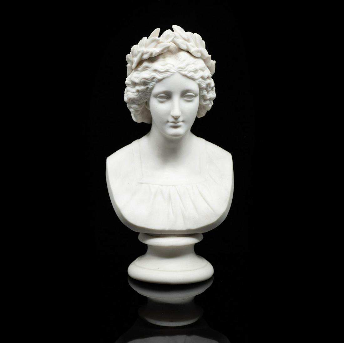 Antique Worcester Parian Bust "Peace" After J. Stephan: An antique parian bust by Worcester titled "Peace" depicting woman after J. Stephan. It is unmarked.