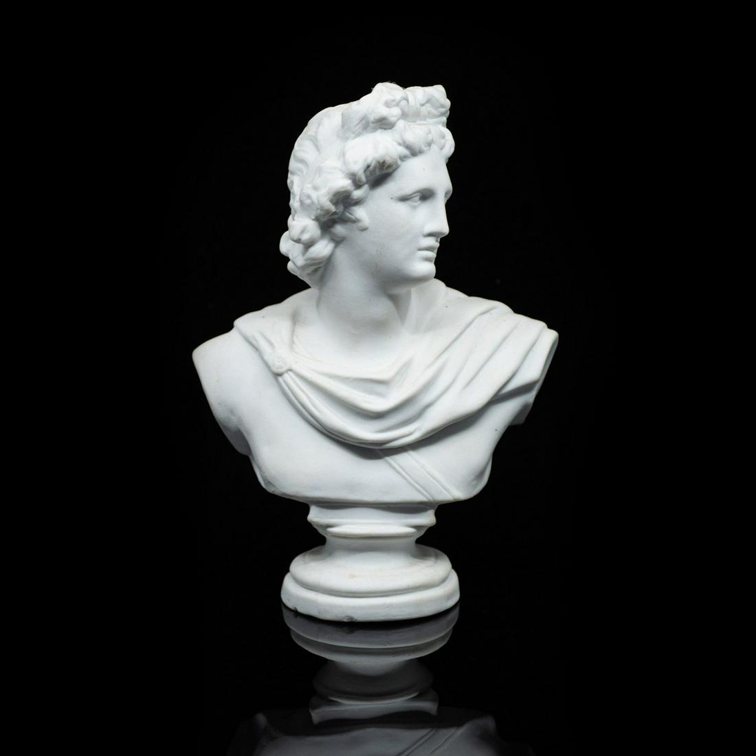 Antique Parian Bust of Apollo After C. Delpech: An antique parian bust of Greek god Apollo after C. Delpech. It is marked "132" on the verso.