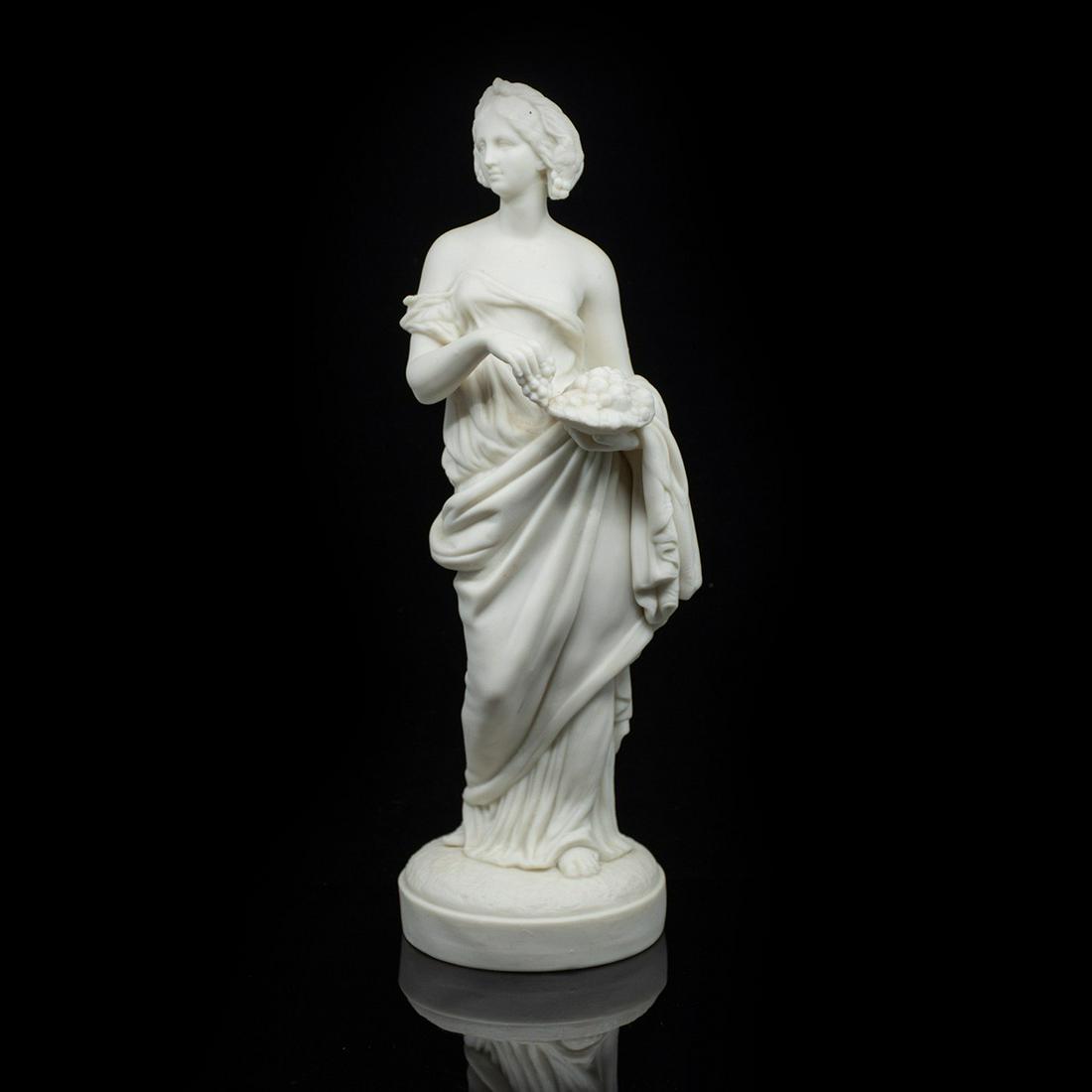 Antique Greco-Roman Parian Statue of Woman: An antique Greco-Roman parian statue of a woman holding a bundle of grapes. It is unmarked.