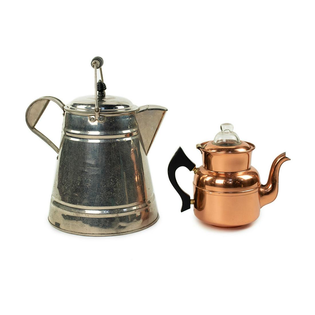 Group of 2 Nickel Tea Kettle and Rochester Copper: Group of two antique kettles including a nickel or metal tea kettle unmarked and a Royal Rochester copper tea kettle having glass lidded top, brass hinges, and wooden handle. One unmarked, one marked 