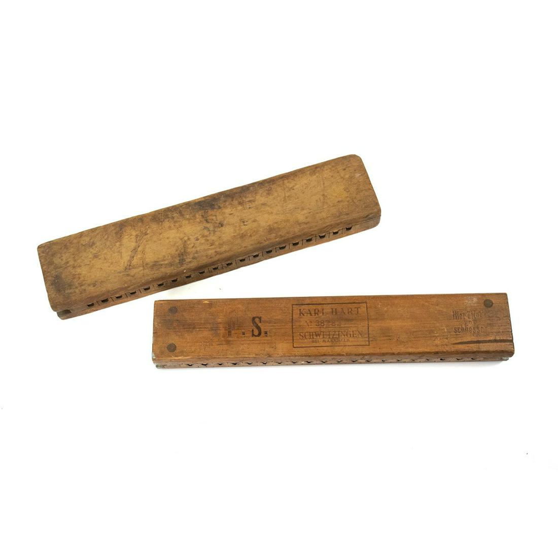 Pair of Antique Wooden Cigar Press Molds: A pair of antique wooden cigar press molds including a Karl Hart from Schwetzingen No. 38232 mold having metal interior and one unmarked mold.