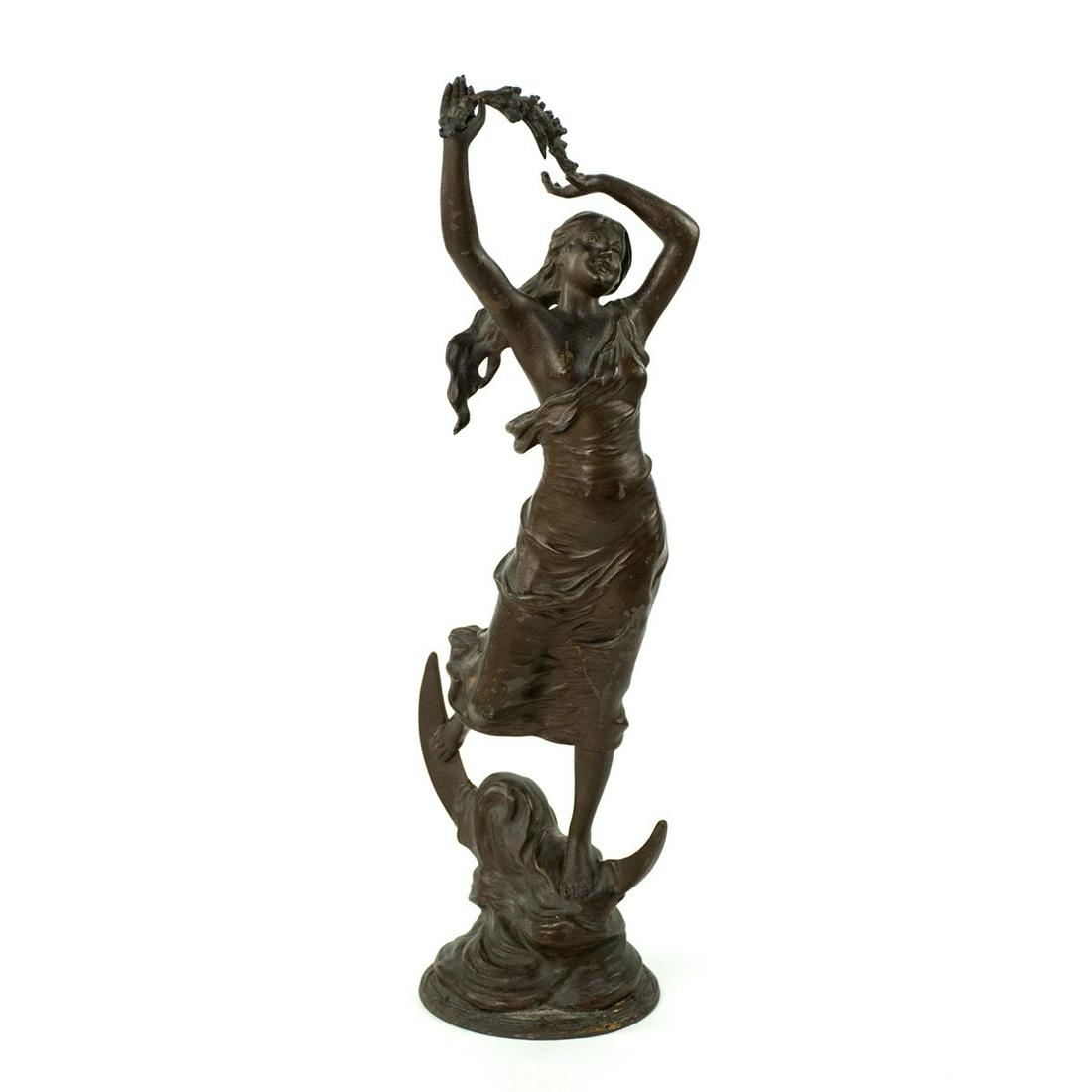 After Hippolyte Moreau Girl Standing on the Moon Statue: A cast metal sculpture of the Girl Standing on the Moon sculpture after Hippolyte Moreau