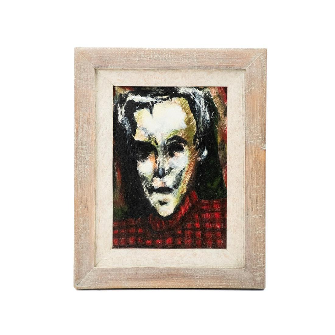 John D Swinton O/C 'Sweater Man' Signed Painting: John Donald Swinton (SK Canada 1952-) vintage mid century oil on canvas painting titled 'Sweater Man' depicting a ghostly man with black hair and red sweater. Presented in a wooden frame with white ma