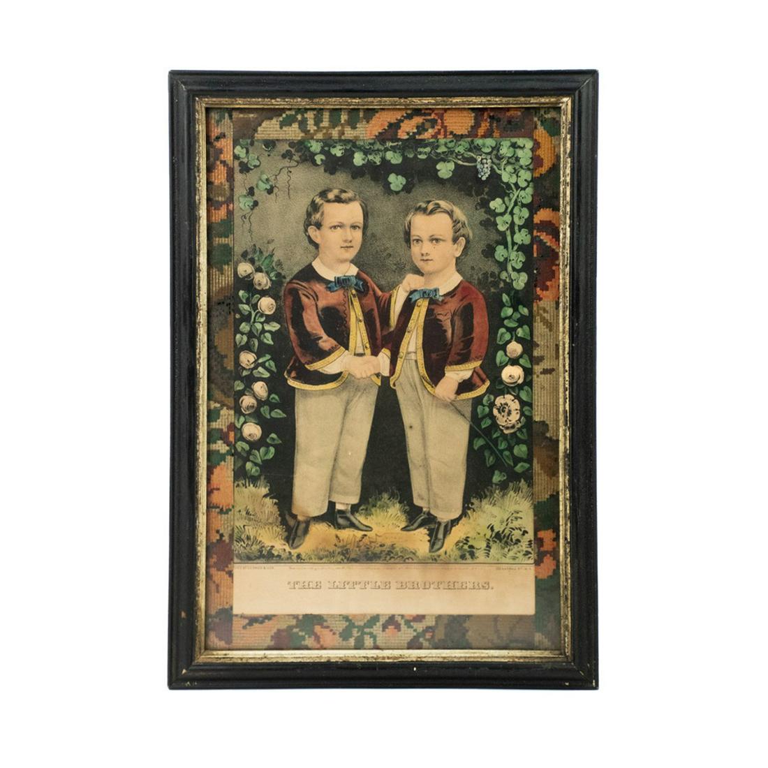 Currier & Ives 'The Little Brothers' Lithograph Print: Currier & Ives (American, 1834-1907) lithograph print titled 'The Little Brothers' depicting two young twin boys in red jackets, holding hands. Presented in a black wooden frame with fabric border. Pu
