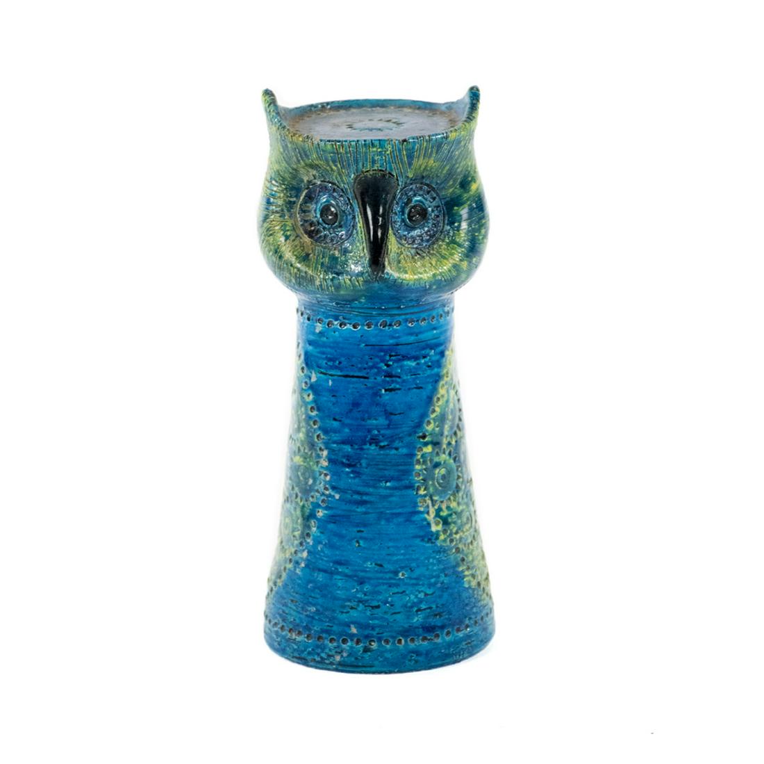 Rosenthal Aldo Londi for Bitossi Pottery Owl: A 1963 large Aldo Londi for Bitossi pottery owl slip-cast vase having mottled glazes, impressed star motifs and dots and scraffito lines. Base with a Rosenthal-Netter paper label and impressed stamp '