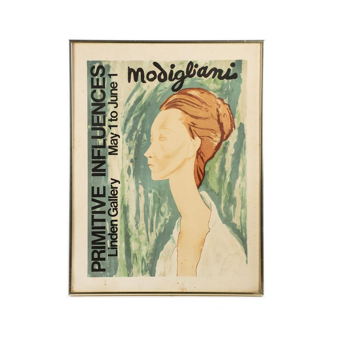 Vintage Amedeo Modigliani Linden Gallery Lithograph: Amedeo Modigliani (Italy, 1884-1920) portrait of Lunia Czechowska for Linden Gallery exhibition 'Primitive Influences, May 1 to June 1'. Presented in gold tone frame.