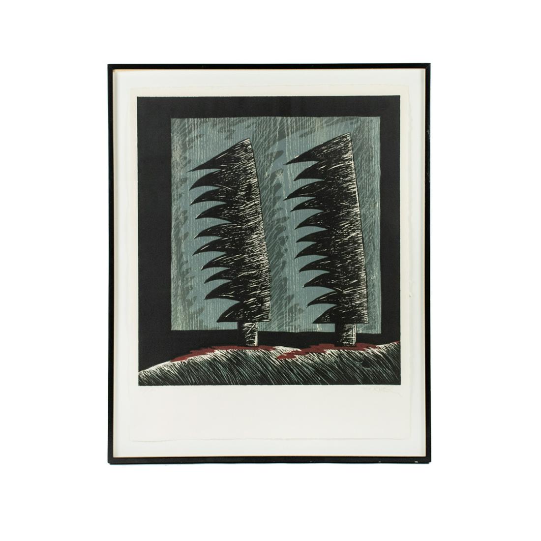 Rex Lau Woodcut Print 'Red Shadows' Limited Ed Signed: Rex Lau (American, 1947-) woodcut print titled 'Red Shadows' having green and black abstract nature scene with red accents. Presented in a black wood frame. Marked limited edition 26/30 and signed in 