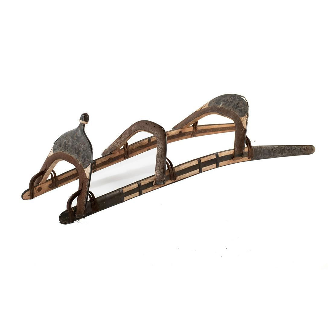 19th C. Egyptian Dromedary Two Person Camel Saddle: A 19th century Egyptian Dromadaire two person camel saddle having ornate floral etched brass and iron and wooden frame. Built in the style of Napoleon's Regiment (Regiment des Dromedaries) during his 