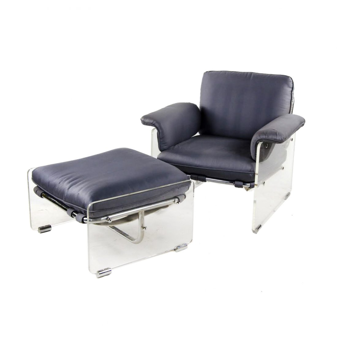 Pace Collection Argenta Lucite Lounge Chair and Ottoman: A mid-century modern Pace Collection Argenta lucite lounge chair and matching ottoman having slate grey or blue fabric upholstery with thick lucite and chrome frame.*Located off-site, contact for pick