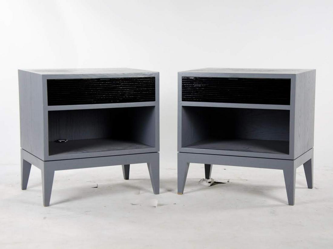 Mid-Century Modern Black Glass Tile Side Tables - a: A pair of mid-century modern black grey painted, glass tile side tables having one tiled drawer each atop an open compartment shelf resting atop tapered legs. Unmarked.