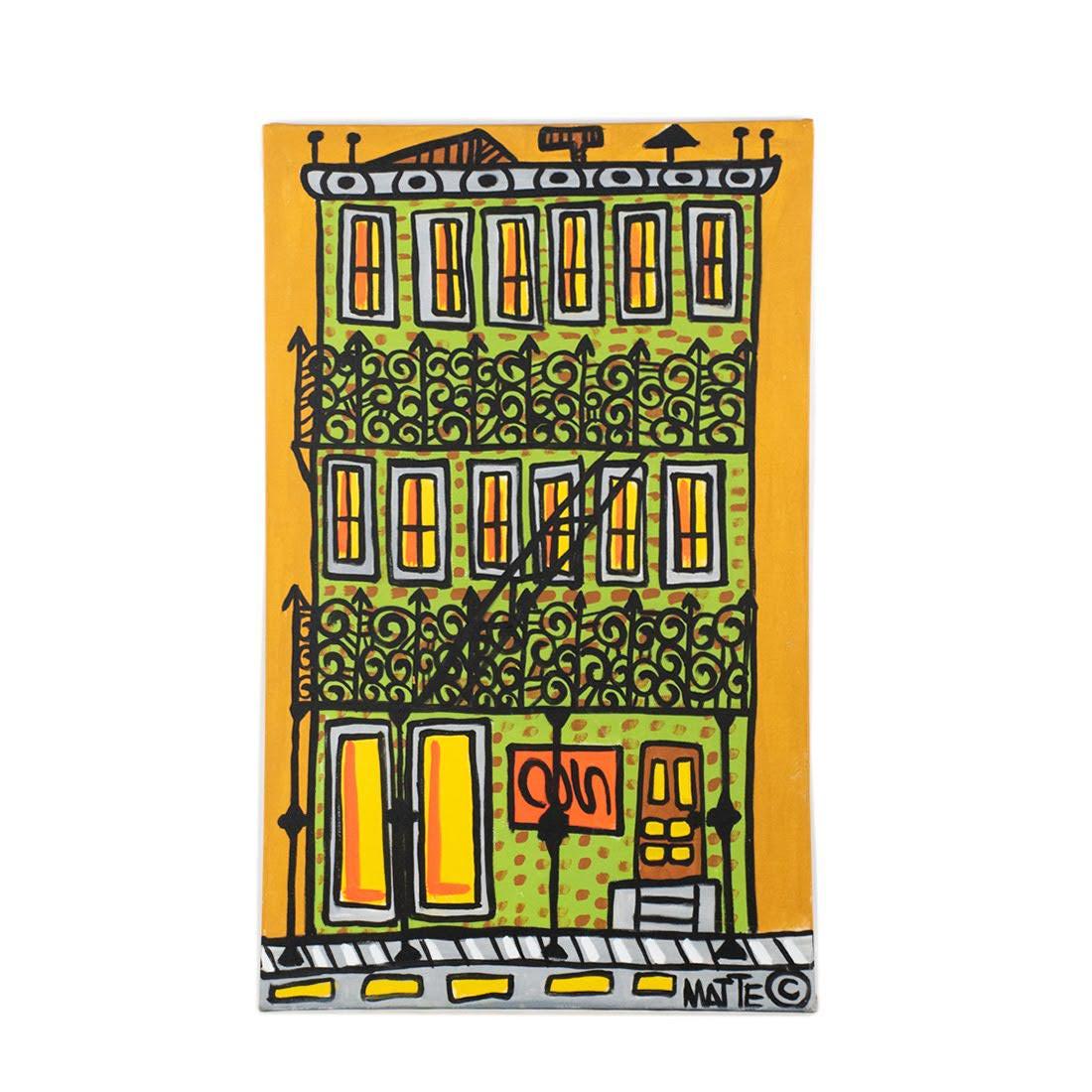 Matte Stephens O/C Abstract New Orleans Painting: Matte Stephens (New Hampshire) oil on canvas painting titled 'New Orleans' and dated 2000, depicting a vibrant green New Orleans Creole Townhouse on yellow background. Signed in lower right corner and