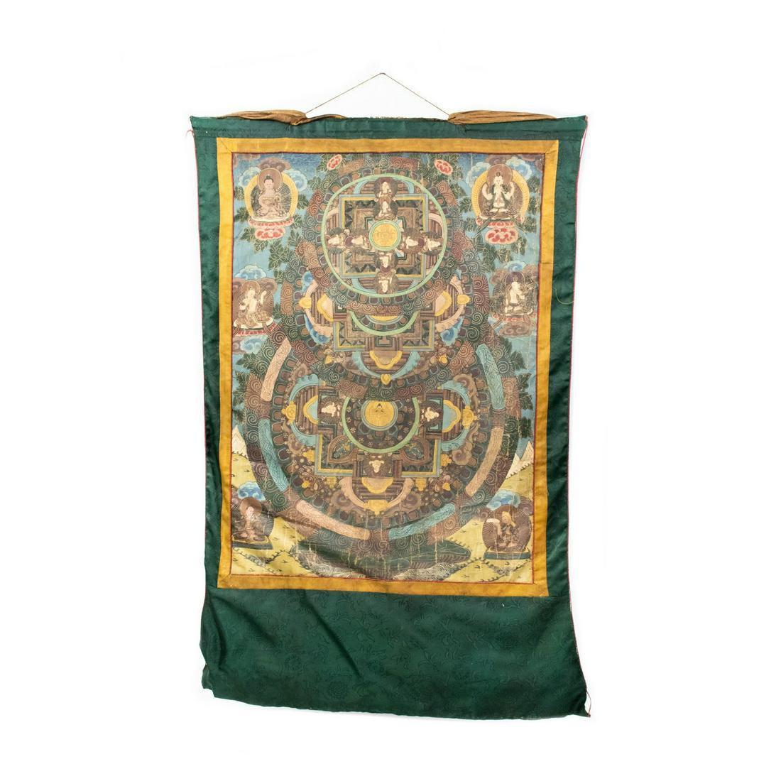 Early 19th C. Large Tibetan Figural Mandala Thangka: An early 19th century Tibetan figural Mandala Thangka having yellow, blue, green, red, and orange hand painted design including buddhist figures around geometric patterns. Constructed of applique pain