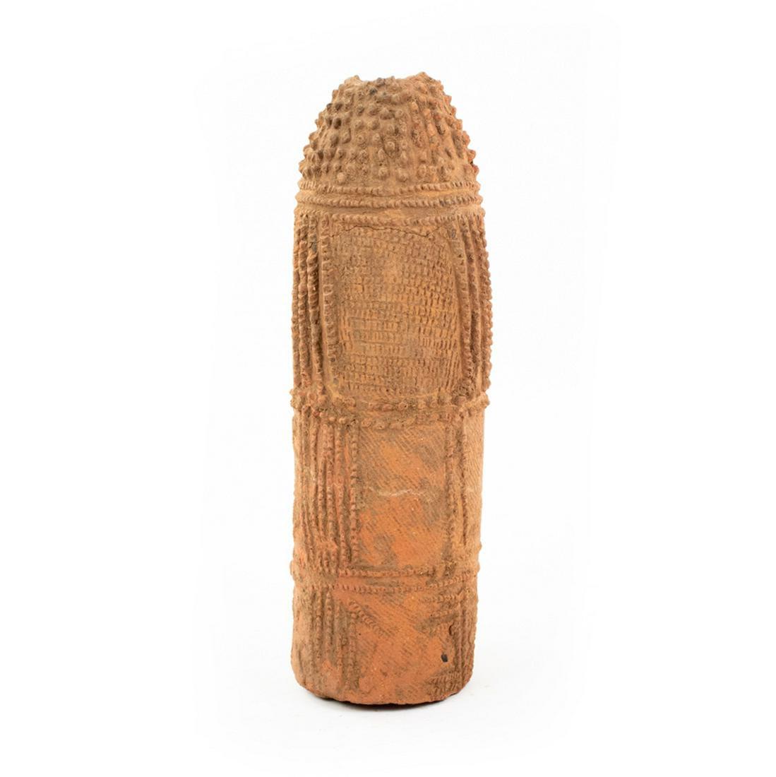 African Niger Sikka Terracotta Funerary Urn Vessel: An African Niger Bura Asinda-Sikka terracotta figurative funerary urn vessel terracotta having cylindrical form with domed top, entire vessel body is covered in raised vertical stippling or columns wi