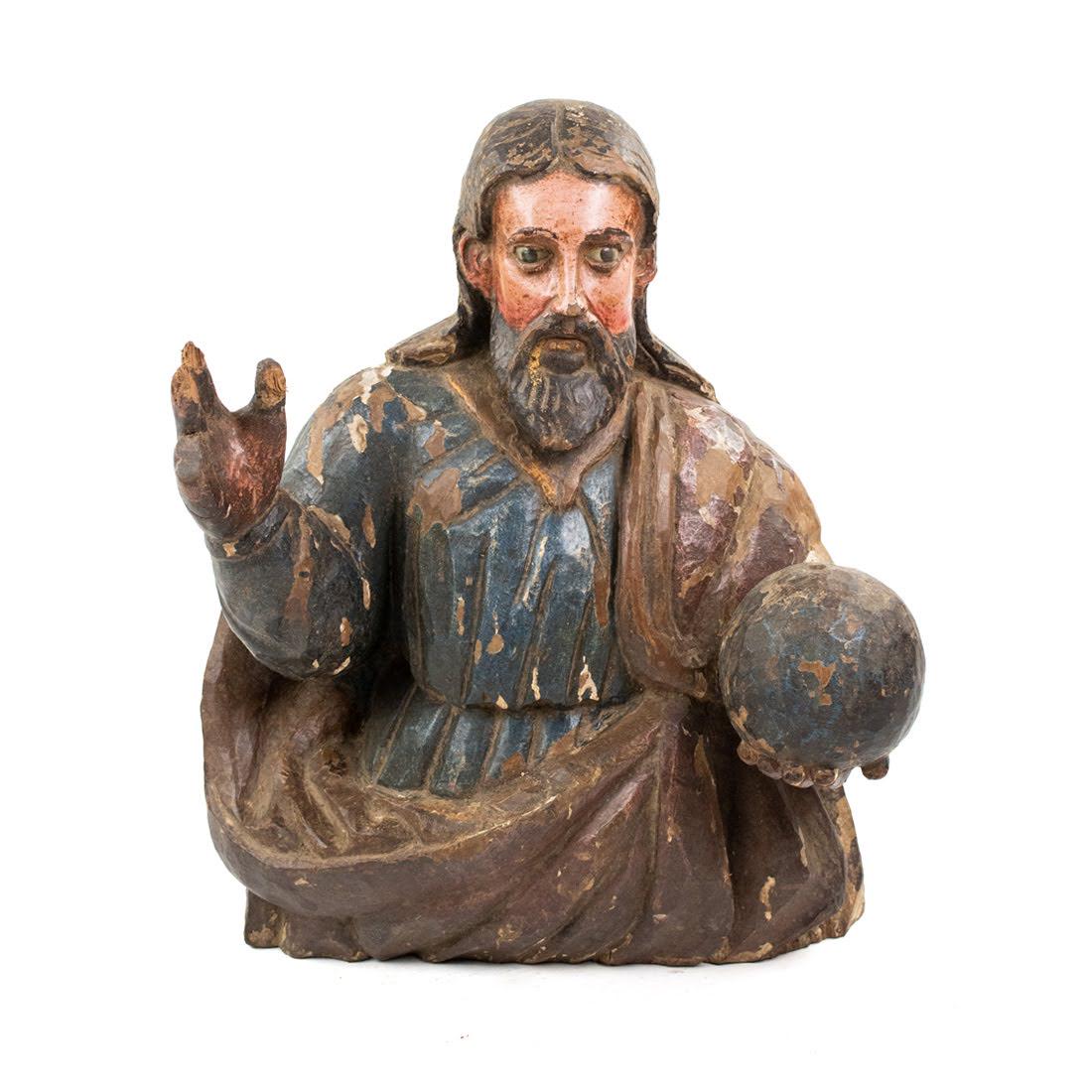 Antique Mexican Wood Carved Gesso Joseph Santos Bust: An antique Mexican Santos wood carved and gessoed Joseph bust depicting the figure holding the world in his hand. Unmarked.