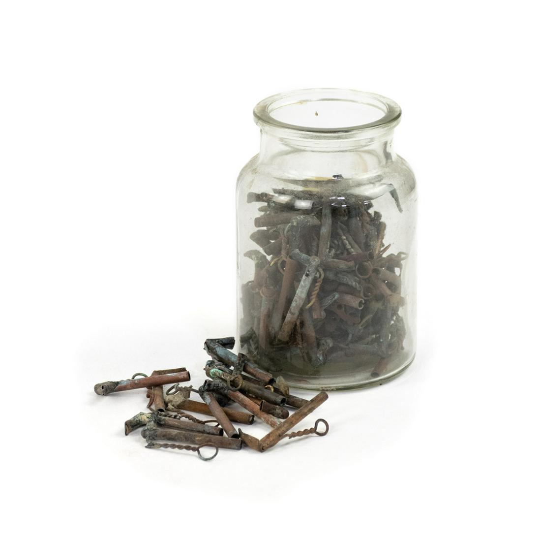 Glass Jar of Cannon Matches - Spanish Fort & Fort: A large glass jar of about 100 various cannon matches recovered from Spanish Fort and Fort Blakely battlefields. Recovered in the 1990s. Provenance: Larry McCoy - Mobile, AL.