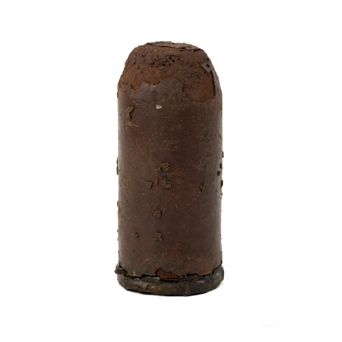 30-lb Flat Nose Bolt Parrott Shell - Spanish Fort AL: A 30 pound parrott shell flat nose bolt recovered from the Spanish Fort siege in Spanish Fort, AL in April 1865. Recovered in the 1990s. Provenance: Larry McCoy - Mobile, AL.