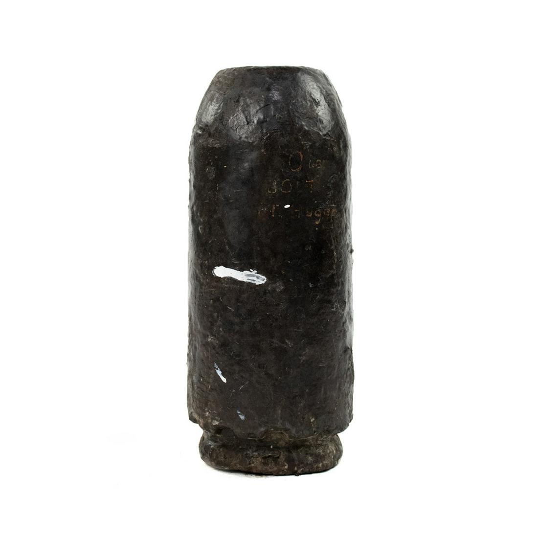 30-lb Flat Nose Bolt - Spanish Fort, AL: A 30 pound flat nose bolt recovered from the Spanish Fort siege of Spanish Fort in April 1865. Recovered in the 1990s. Provenance: Larry McCoy - Mobile, AL.