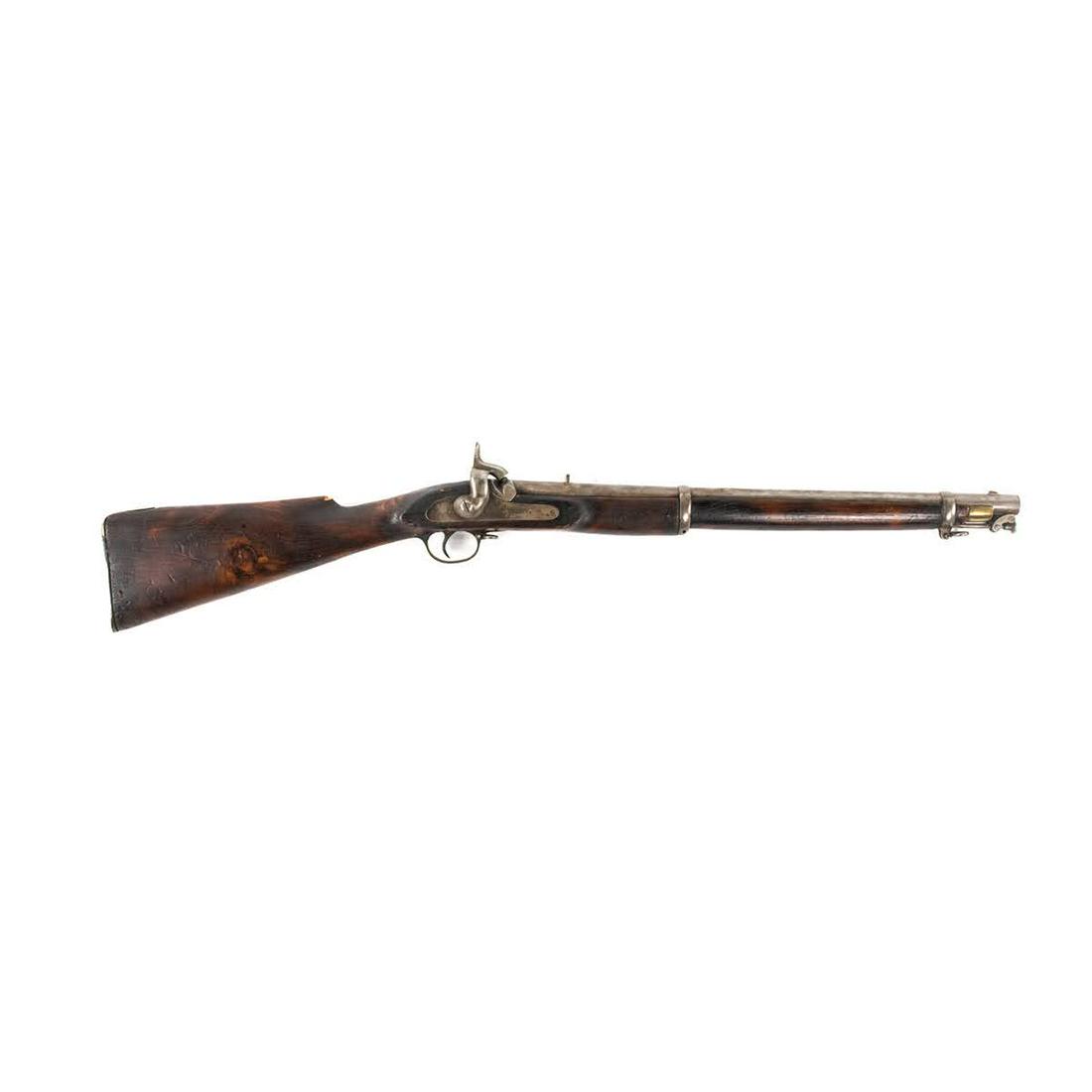 Confederate Mfr 1864 Enfield Cavalry Carbine Rifle: A US Civil War Confederate States manufactured 1864 Enfield cavalry carbine rifle having a pine wood stock. Rifle possibly produced in Georgia 1864-65. The rifle is marked in two places on barrel "CS"