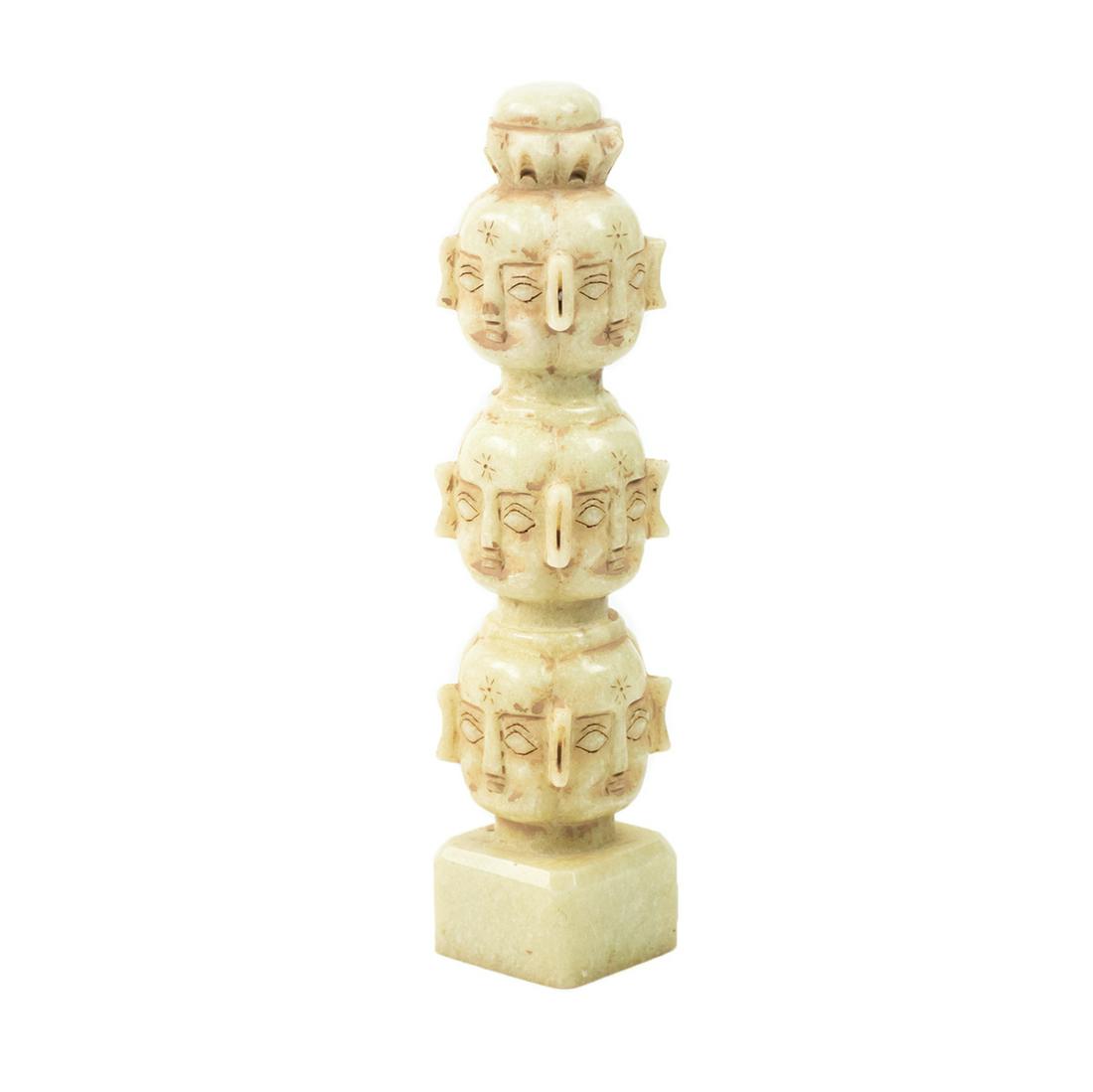 Large Chinese Yellow Jade Stamp Seal: A large carved yellow jade human face totem stamp seal or Tu Zhang that has carved human faces on each side from top to bottom. Underside is carved with ancient Chinese script.