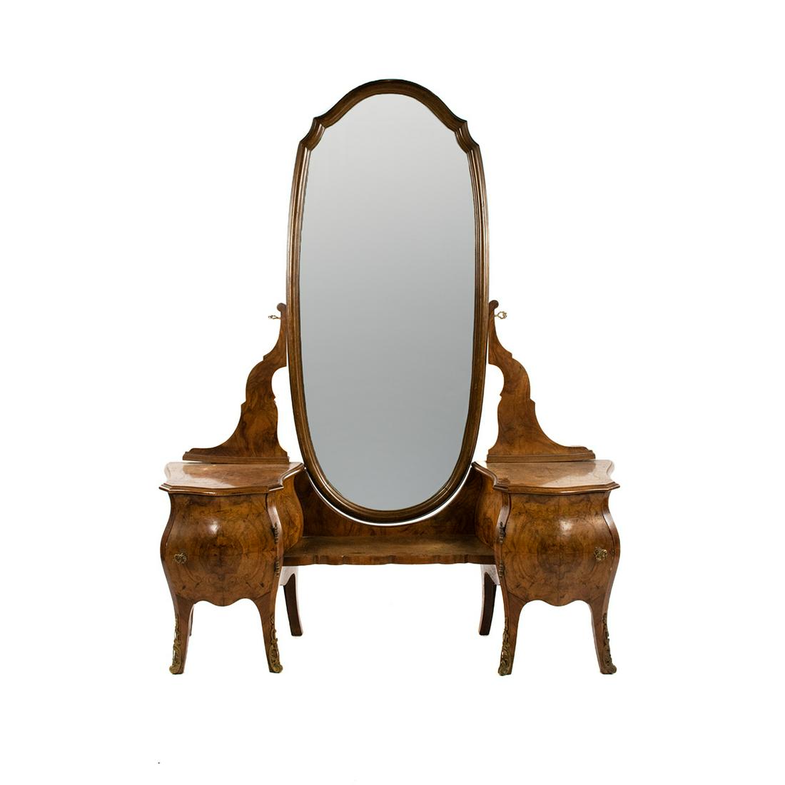 Italian Burlwood Bombe Vanity with Oval Mirror: Italian burlwood bombe vanity having bookmatched and spalted burl inlaid designs with two lower compartments. Features an oval mirror with curved arm supports resting atop 8 legs with ormolu feet.