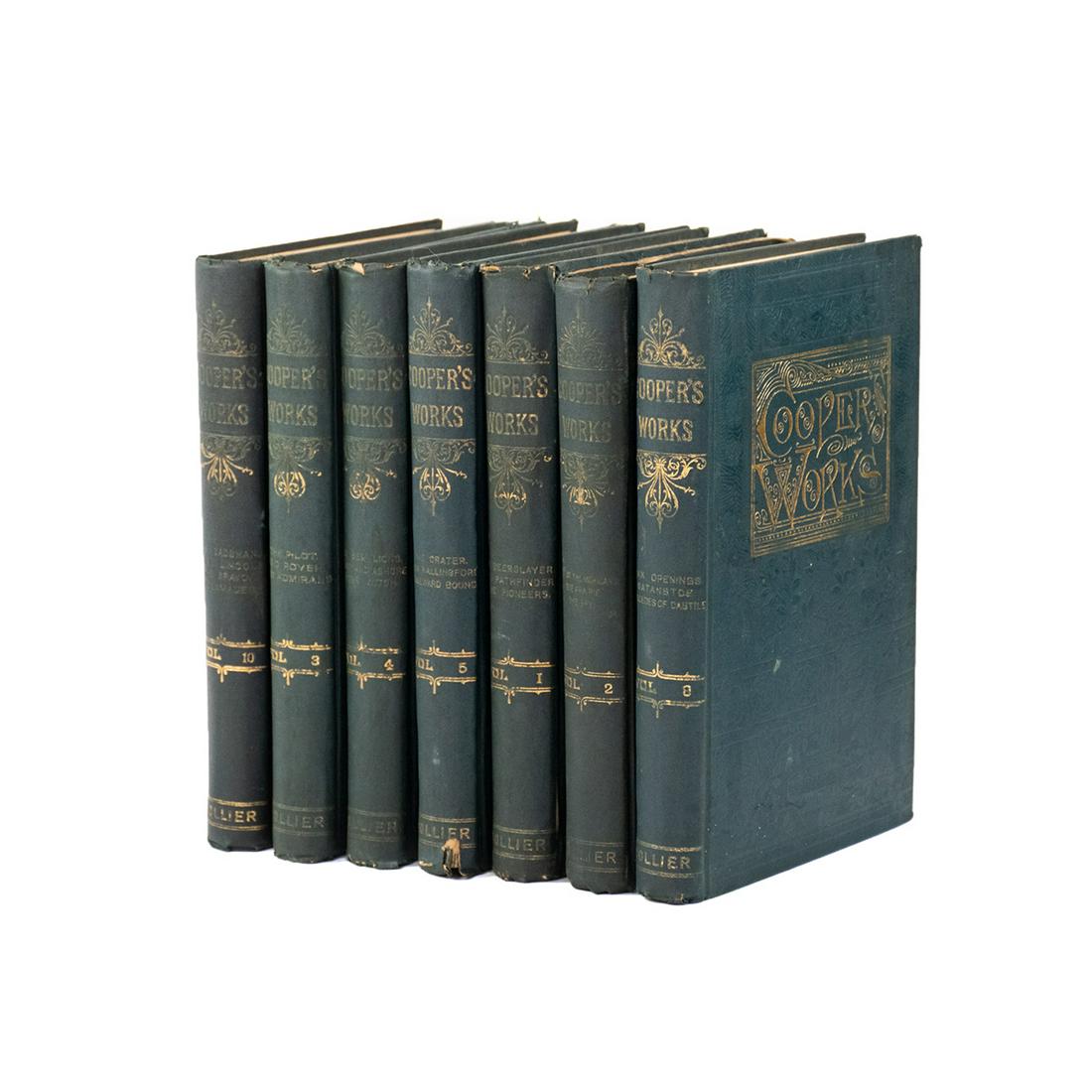 Fenimore Cooper 'Cooper's Works' 7 Vol Book Set: Fenimore Cooper 'Cooper's Works' 7 Volume incomplete canvas bound book set published in New York by Peter Fenelon Collier in 1892 includes volumes 1, 2, 3, 4, 5, 8, and 10.