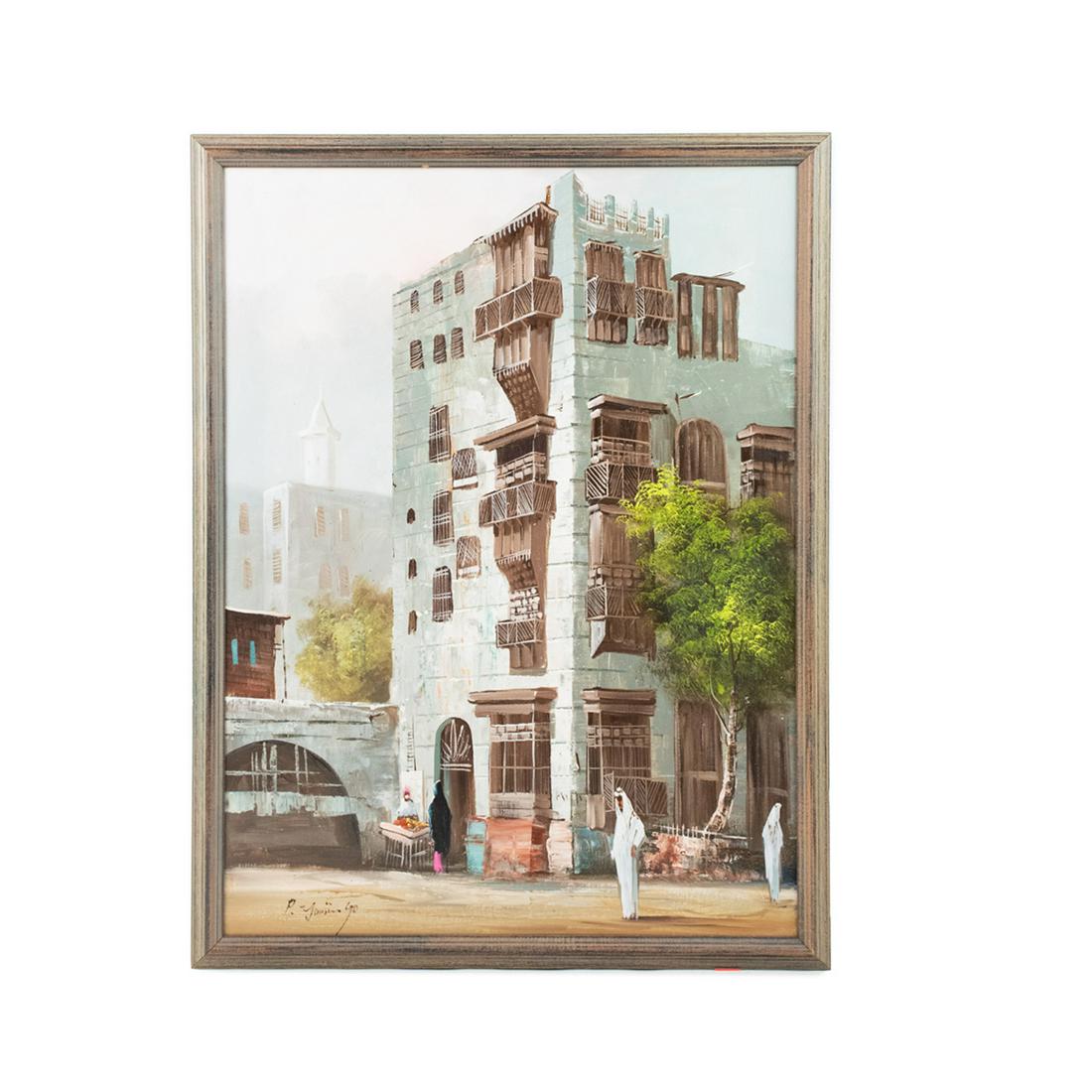 Signed Oil on Canvas of Middle Eastern Street Scene: A vintage signed oil on canvas painting. This work depicts a Middle Eastern street scene with scattered figures throughout the road, including a produce vendor at the entrance of an apartment building