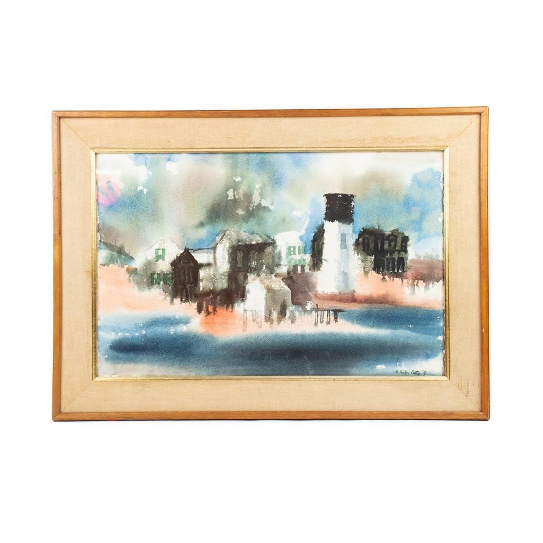 Shirley Canton Signed Watercolor on Paper c. 1961: A vintage watercolor on paper painting by B. Shirley Canton circa 1961. This work depicts an waterside village with a small lighthouse. It is signed and dated on the lower right. It is presented in a 