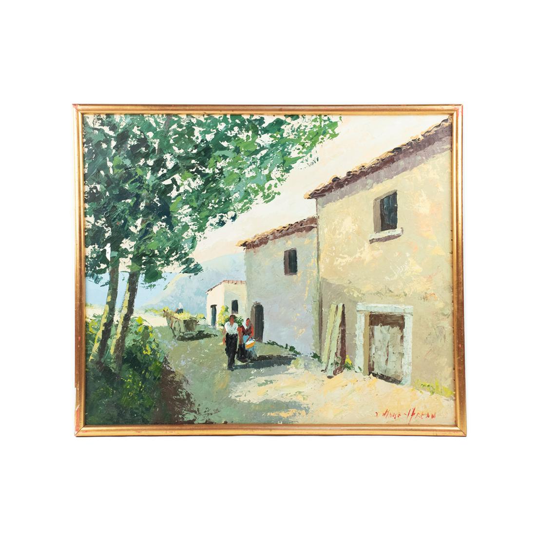 Signed Oil on Board of Central American Street Scene: A vintage signed oil on board painting. This work depicts a man and woman walking down a Central American road with a man riding a cart pulled by a donkey in the opposite direction. It is signed illeg