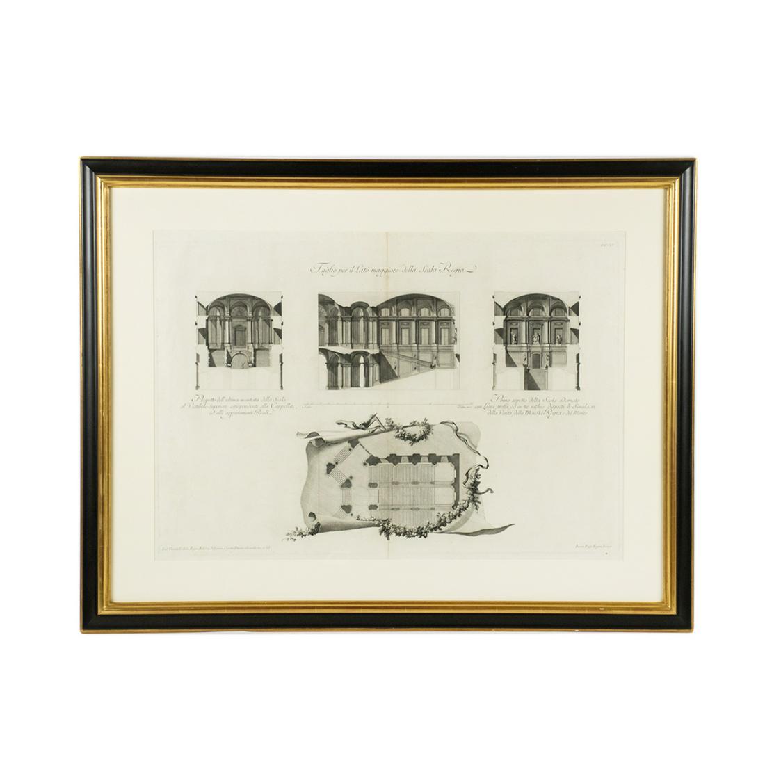 18th C. Italian Engraving After Luigi Vanvitelli: An 18th century antique Italian engraving after architect Luigi Vanvitelli (Italian, 1700-1773) printed by Rocco Pozzi (Italian, active c. 1750). This architectural work depicts three detail views of