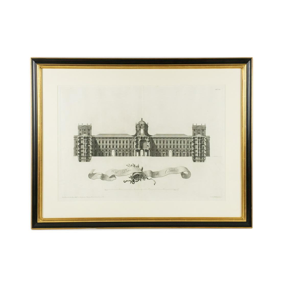 18th C. Italian Engraving After Luigi Vanvitelli: An 18th century antique Italian engraving after architect Luigi Vanvitelli (Italian, 1700-1773) printed by Carlo Nolli (Italian, 1724-1770). This architectural work depicts a large palace and is title